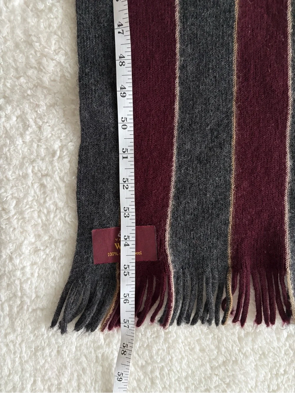 V. Fraas 100% Merino Wool Scarf Gray Burgundy Striped Fringe Long 57in